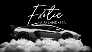 Screenshot of Exotic Air Land and Sea homepage featuring a clean, modern design with a prominent logo, navigation menu, and a large hero image of a luxury vehicle being loaded onto a transport plane.